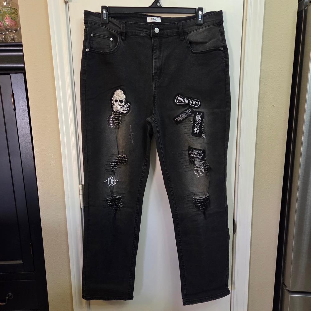 HME Mens Distressed Graphic Patch Jeans Black Skull Gothic Punk 40 XXXL